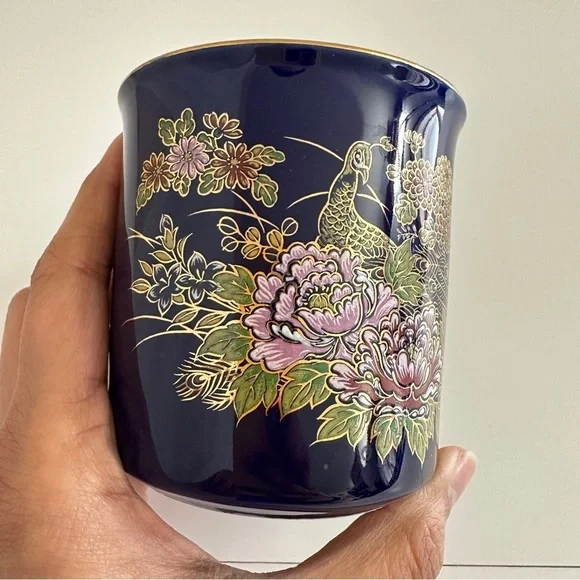 Vintage MCI Japan Cobalt Blue Peacock Floral Gold Print Coffee Mug 1 Pc - Picture 8 of 9